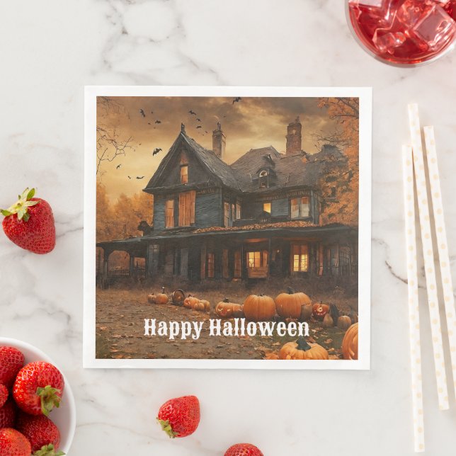 Spooky House Pumpkin Halloween Collection Paper Dinner Napkins (Insitu)