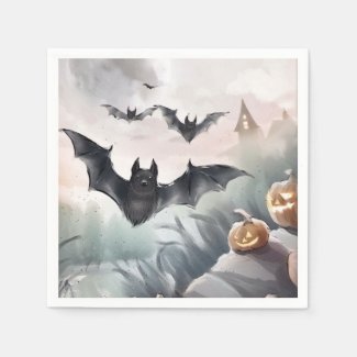 Spooky House with Bat Design Halloween Watercolor Paper Napkins