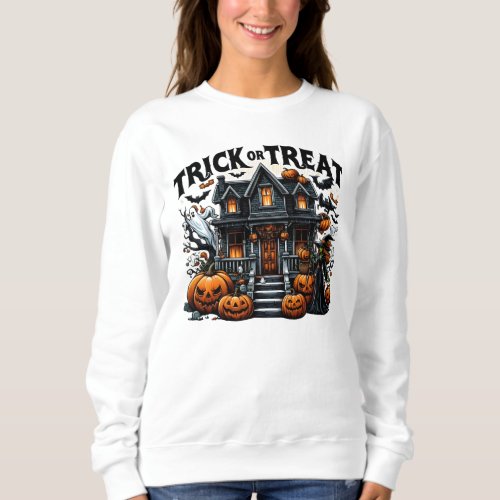 Spooky house with pumpkins and ghosts sweatshirt