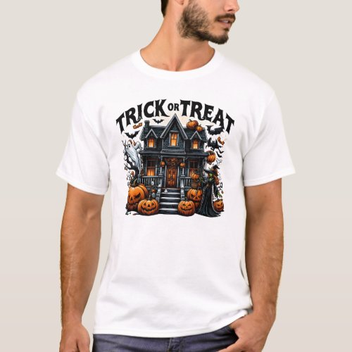 Spooky house with pumpkins and ghosts T_Shirt