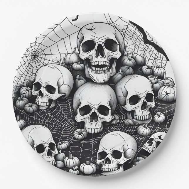 Spooky Human Skulls Spiders Cobwebs Bats Halloween Paper Plates (Front)