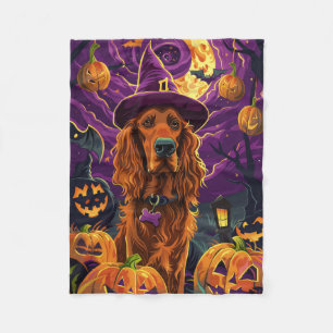 Spooky Irish Red Setter Halloween Witch Pumpkin Fleece Blanket