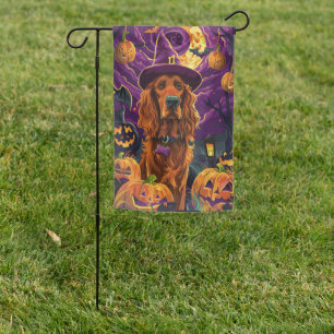 Spooky Irish Red Setter Halloween Witch Pumpkin Garden Flag
