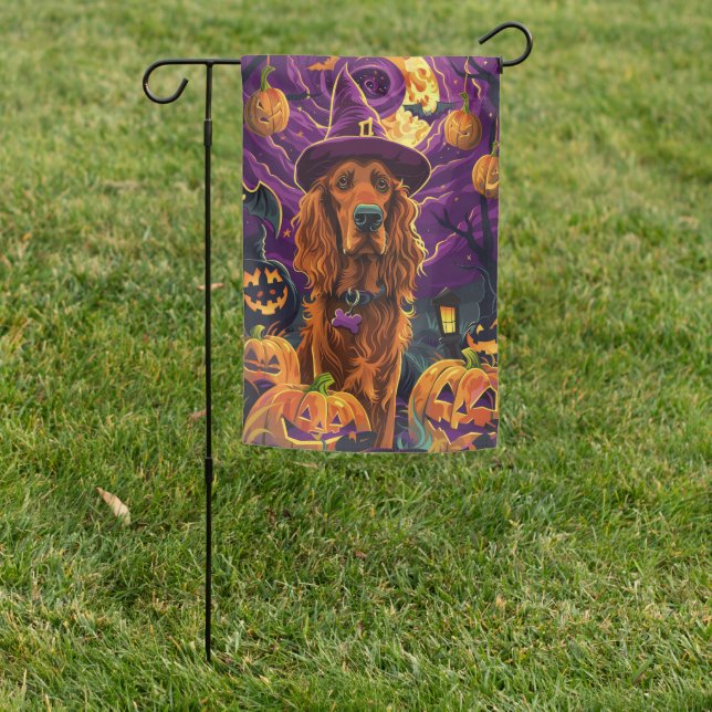 Spooky Irish Red Setter Halloween Witch Pumpkin  Garden Flag (In SItu)