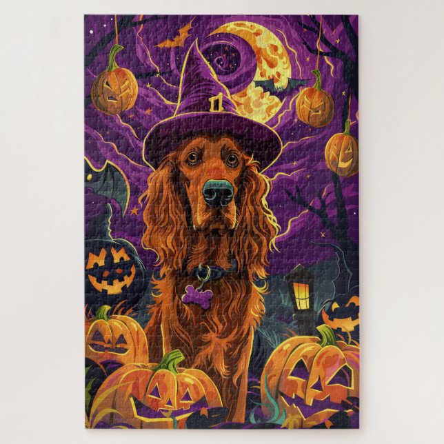 Spooky Irish Red Setter Halloween Witch Pumpkin  Jigsaw Puzzle (Vertical)