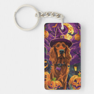 Spooky Irish Red Setter Halloween Witch Pumpkin Keychain
