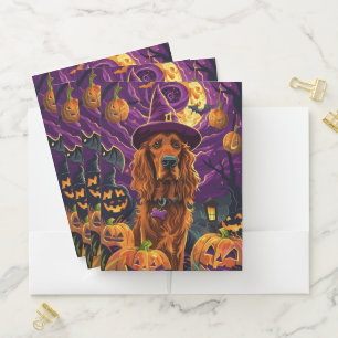 Spooky Irish Red Setter Halloween Witch Pumpkin  Pocket Folder