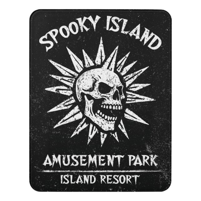 Spooky Island Est 2002 Amusement Park Skull Door Sign (Contemporary Vert)