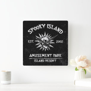 Spooky Island Est 2002 Amusement Park Skull Square Wall Clock