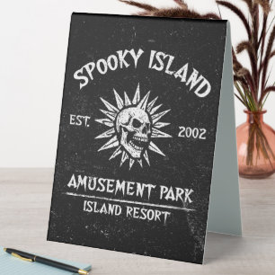 Spooky Island Est 2002 Amusement Park Skull Table Tent