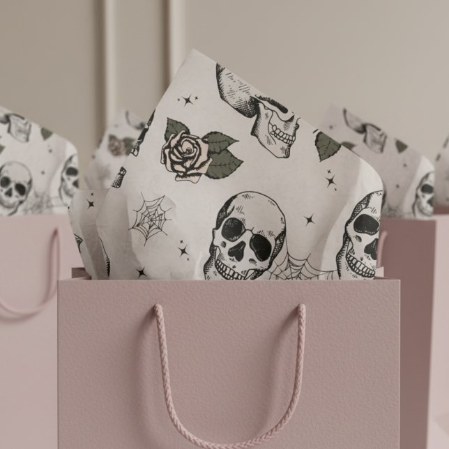 Spooky Ivory Floral Small Skull Halloween Tissue Paper (Ivory Gothic Halloween Vintage Floral Skull Tissue Paper. Flowers & Skull Skeleton Pattern For Her)