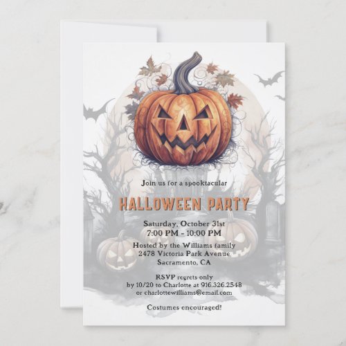 Spooky Jack_O_Lantern Bats Moon Halloween Party Invitation