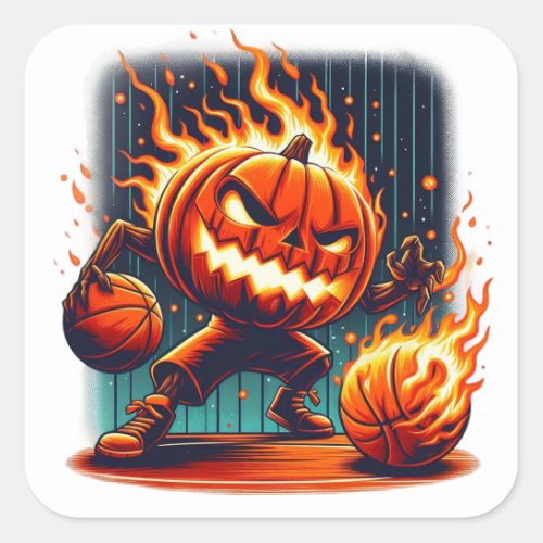 Spooky Jack_o_Lantern Dunking Halloween Basketbal Square Sticker