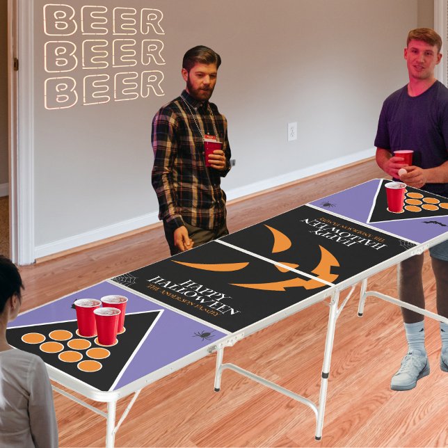 Spooky Jack O Lantern Family Halloween Party Beer Pong Table (purple black & orange jack o lantern family Halloween beer pong table)