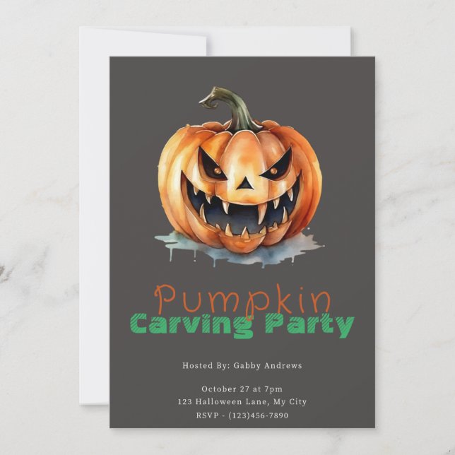 Spooky Jack-O' Lantern Gray Pumpkin Carving Party Invitation (Front)