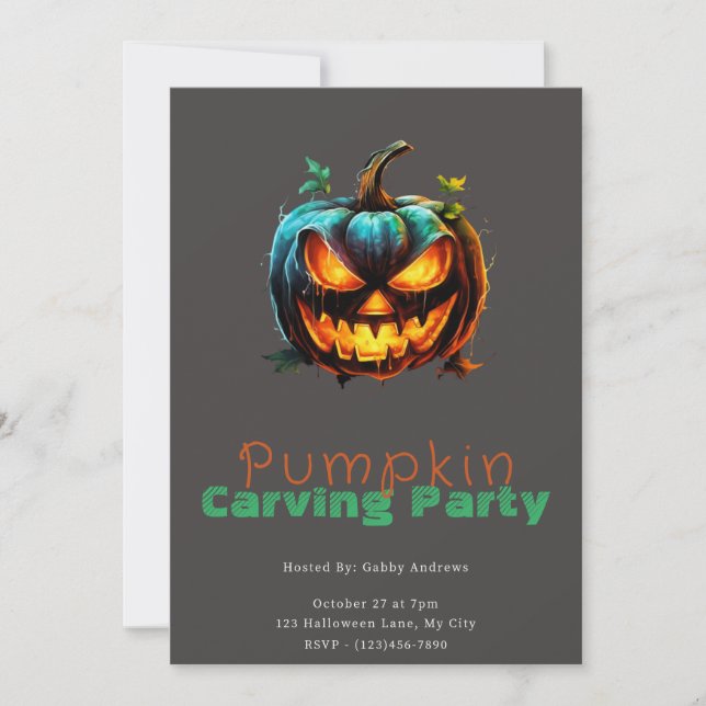 Spooky Jack-O' Lantern Gray Pumpkin Carving Party Invitation (Front)