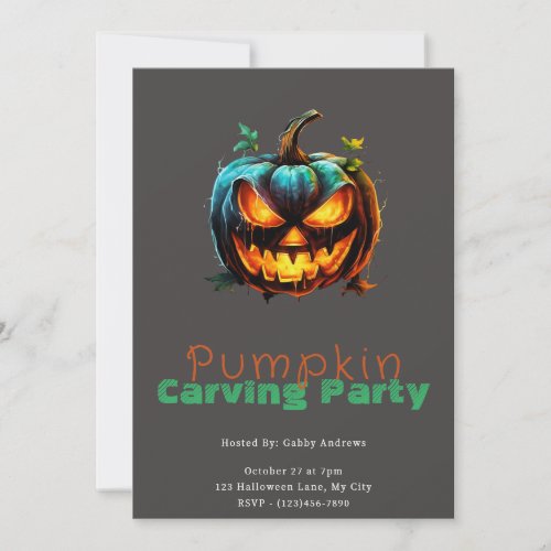 Spooky Jack_O Lantern Gray Pumpkin Carving Party Invitation