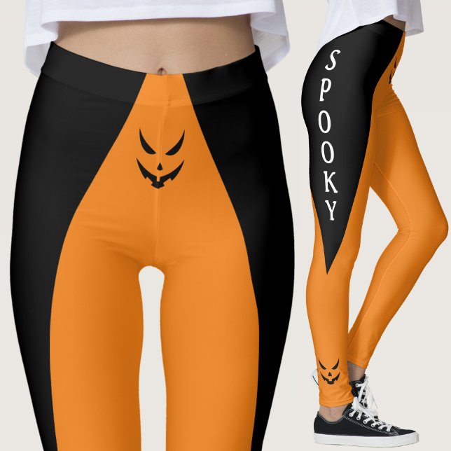 Spooky Jack O Lantern Pumpkin Orange Halloween Leggings (black and orange spooky jack o lantern face Halloween leggings)