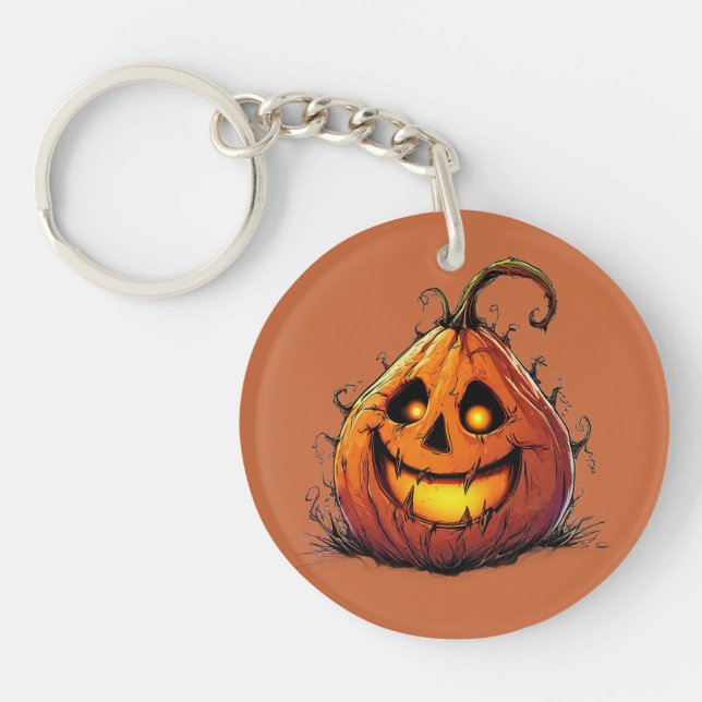 Spooky Jack O’Lantern Pumpkin with Glowing Eyes Keychain (Front)