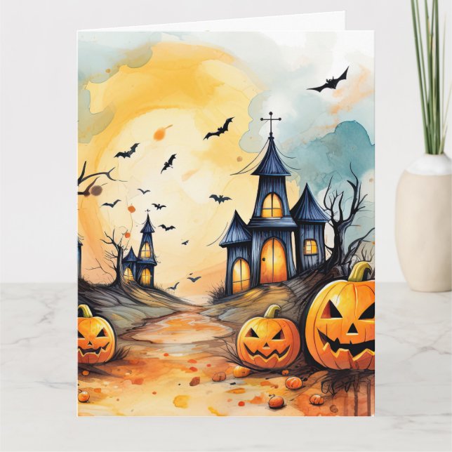 Spooky Jack O’Lanterns Bats Ghost Halloween Card (Front)