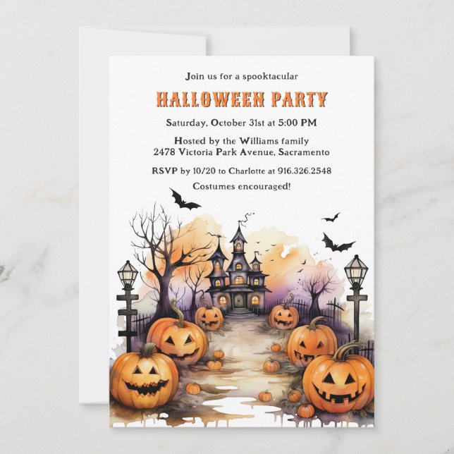 Spooky Jack O’Lanterns Bats Witch Halloween Party Invitation (Front)