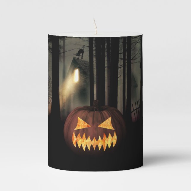 Spooky Jack o Lanterns Pillar Candle (Front)