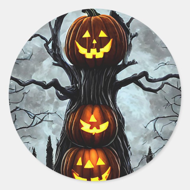 spooky jacko lantern pumpkin tree fantasy Dark art Classic Round Sticker (Front)