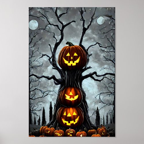 spooky jacko lantern pumpkin tree fantasy Dark art Poster