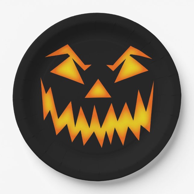 Spooky Jack'o'Lantern Face Black Halloween Paper Plates (Front)