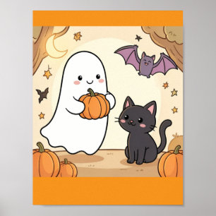 Spooky Kawaii Ghost Fun with Black Cat Poster