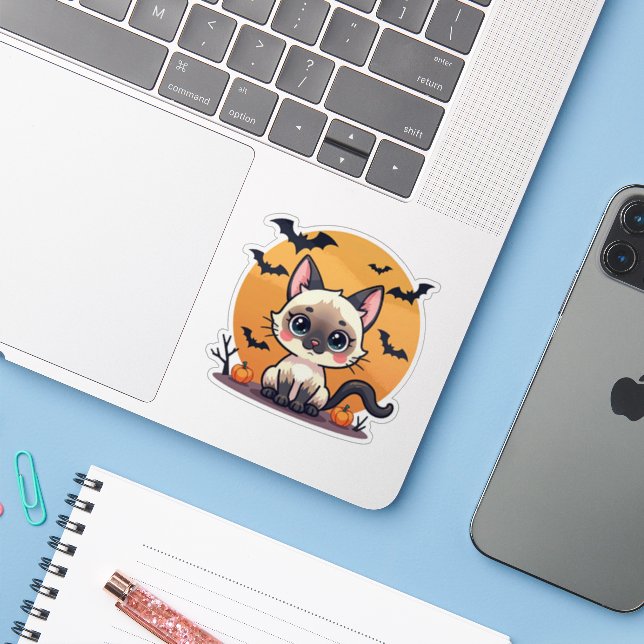 Spooky Kawaii Siamese Kitten – Chibi Style Sticker (Laptop w/ iPhone)