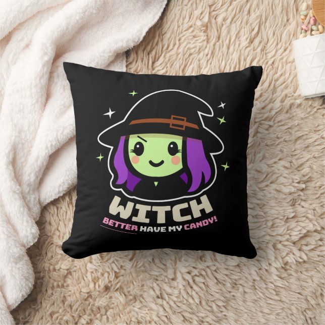 Spooky Kawaii Witch Halloween Throw Pillow (Blanket)