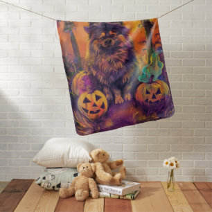 Spooky Keeshond Dog Halloween Witch And Pumpkin Baby Blanket