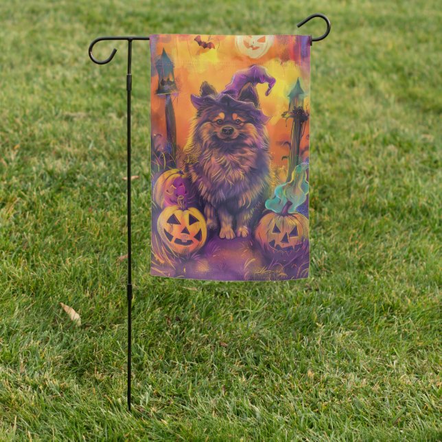 Spooky Keeshond Dog Halloween Witch And Pumpkin  Garden Flag (In SItu)