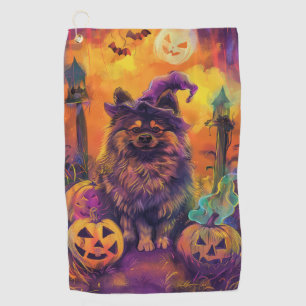 Spooky Keeshond Dog Halloween Witch And Pumpkin  Golf Towel