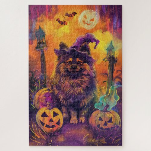 Spooky Keeshond Dog Halloween Witch And Pumpkin  Jigsaw Puzzle