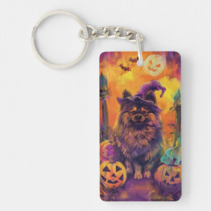 Spooky Keeshond Dog Halloween Witch And Pumpkin Keychain