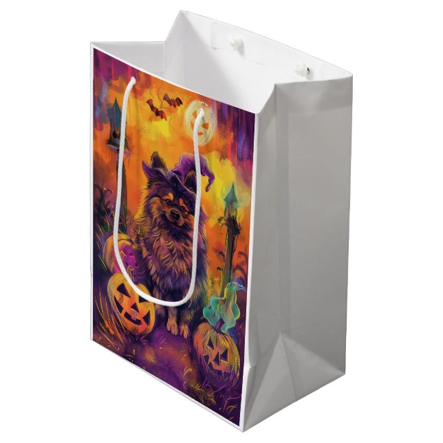 Spooky Keeshond Dog Halloween Witch And Pumpkin  Medium Gift Bag (Front Angled)