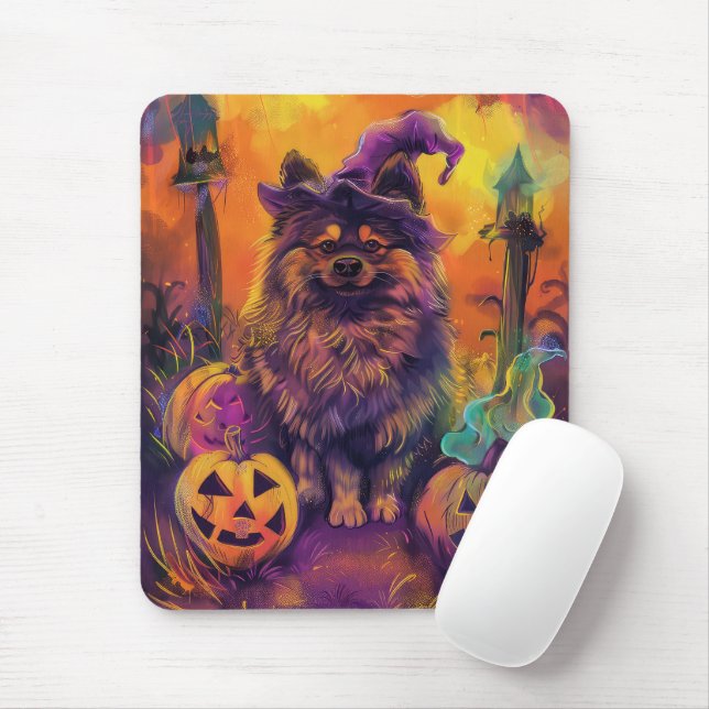 Spooky Keeshond Dog Halloween Witch And Pumpkin  Mouse Pad (With Mouse)