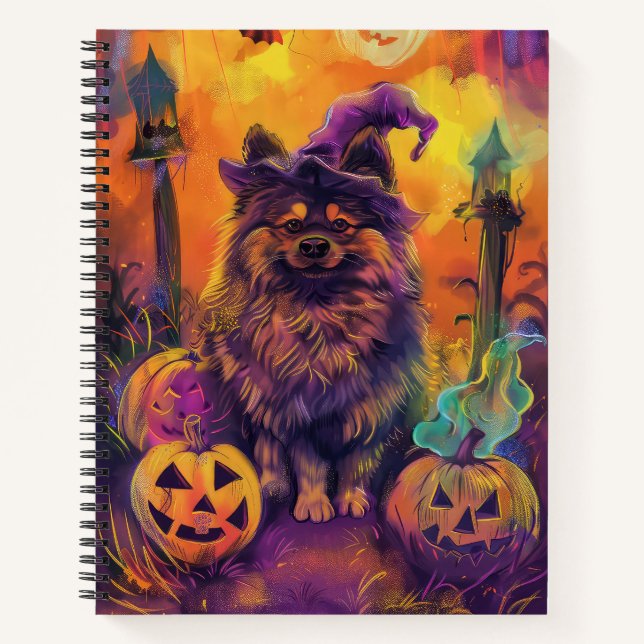 Spooky Keeshond Dog Halloween Witch And Pumpkin  Notebook (Front)