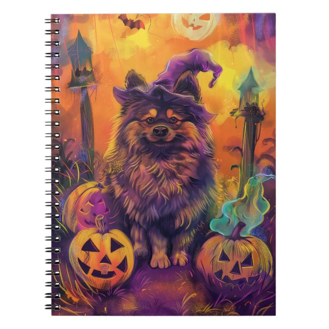 Spooky Keeshond Dog Halloween Witch And Pumpkin  Notebook (Front)