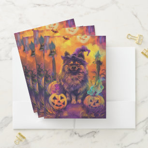 Spooky Keeshond Dog Halloween Witch And Pumpkin  Pocket Folder