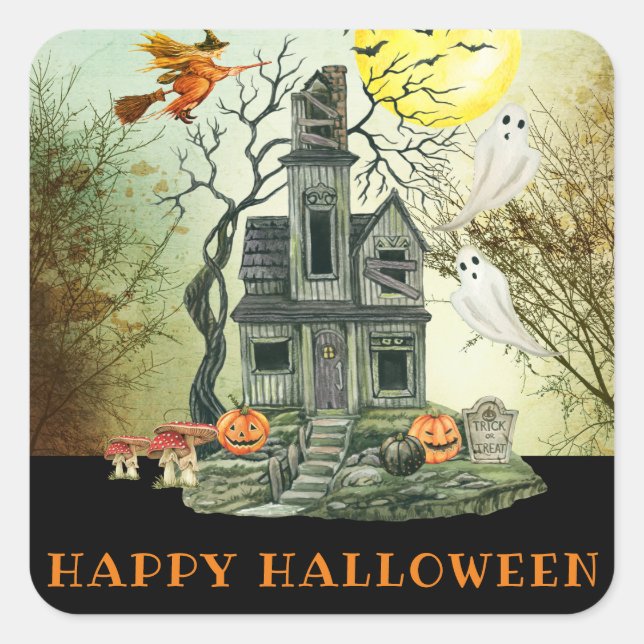 Spooky Kid's Halloween Haunted House Costume Party Square Sticker (Front)
