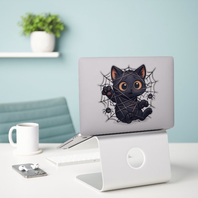 Spooky Kitten Web Halloween Sticker (Laptop On Desk)