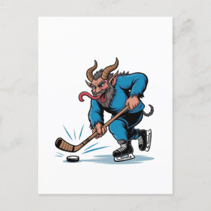 Spooky Krampus Playing Ice Hockey Christmas Announcement Postcard