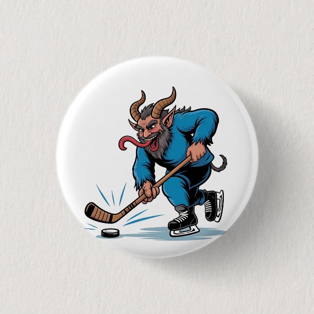 Spooky Krampus Playing Ice Hockey Christmas  Button (Front)