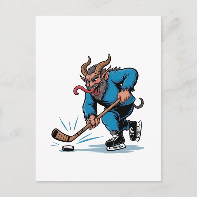 Spooky Krampus Playing Ice Hockey Christmas  Invitation Postcard (Front)