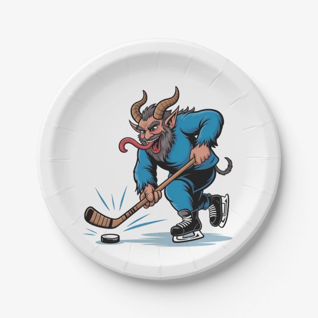 Spooky Krampus Playing Ice Hockey Christmas  Paper Plates (Front)