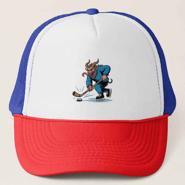 Spooky Krampus Playing Ice Hockey Christmas  Trucker Hat (Front)