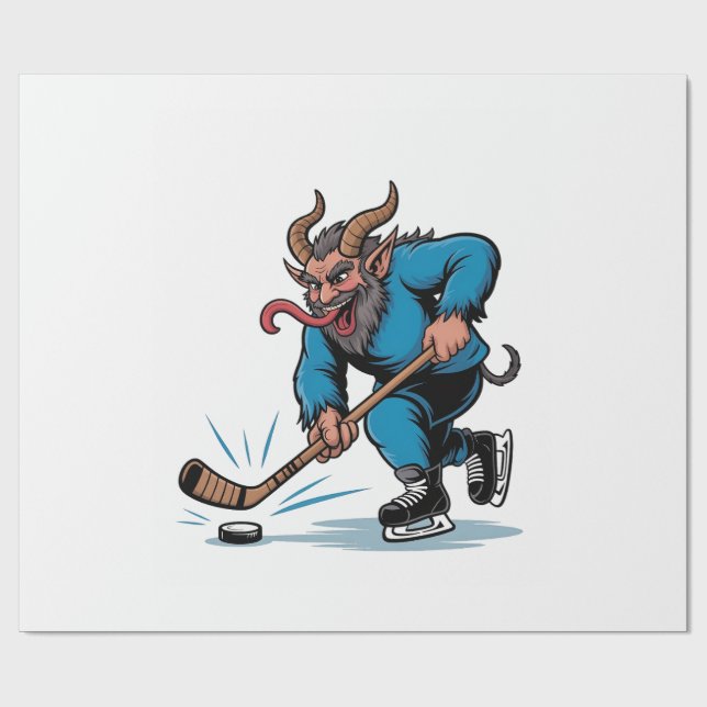 Spooky Krampus Playing Ice Hockey Christmas  Wrapping Paper (Flat)